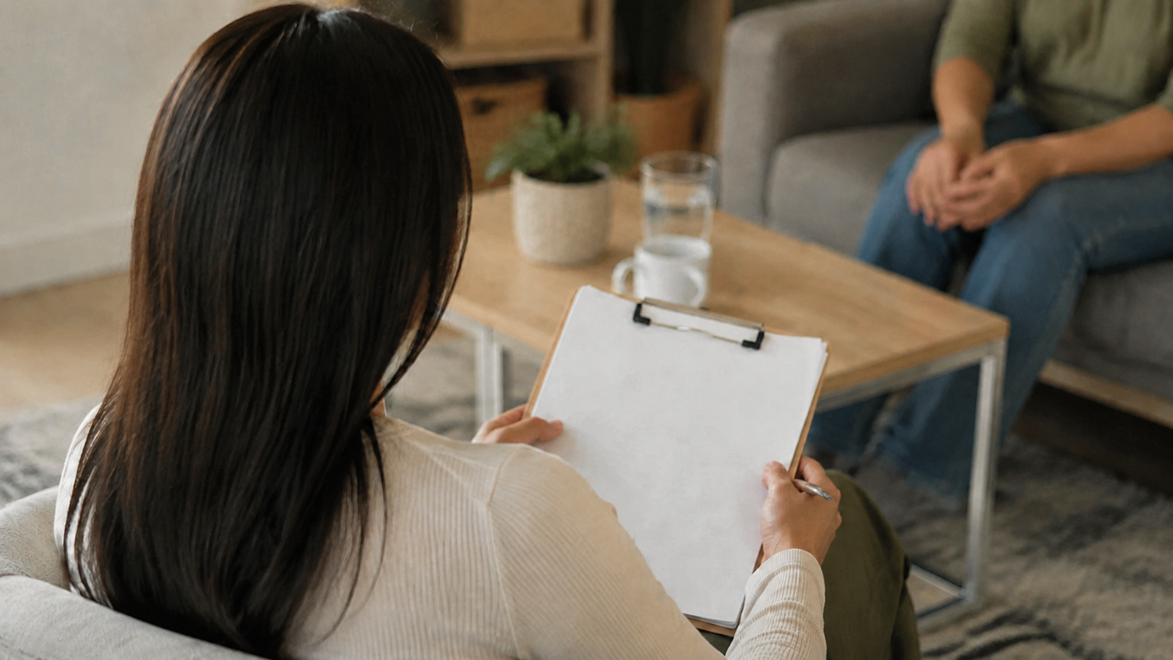 Sarah listening to a client during a supportive occupational therapy conversation
